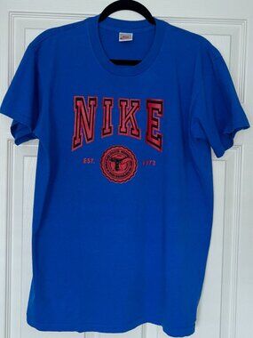 Vintage 90s Nike T Shirt Mens Large Made USA Blue Red Spellout Est 1972